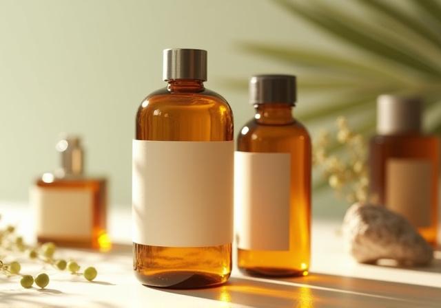 Primo piano di flaconi di vetro ambrato con etichette minimaliste contenenti prodotti di bellezza naturali.